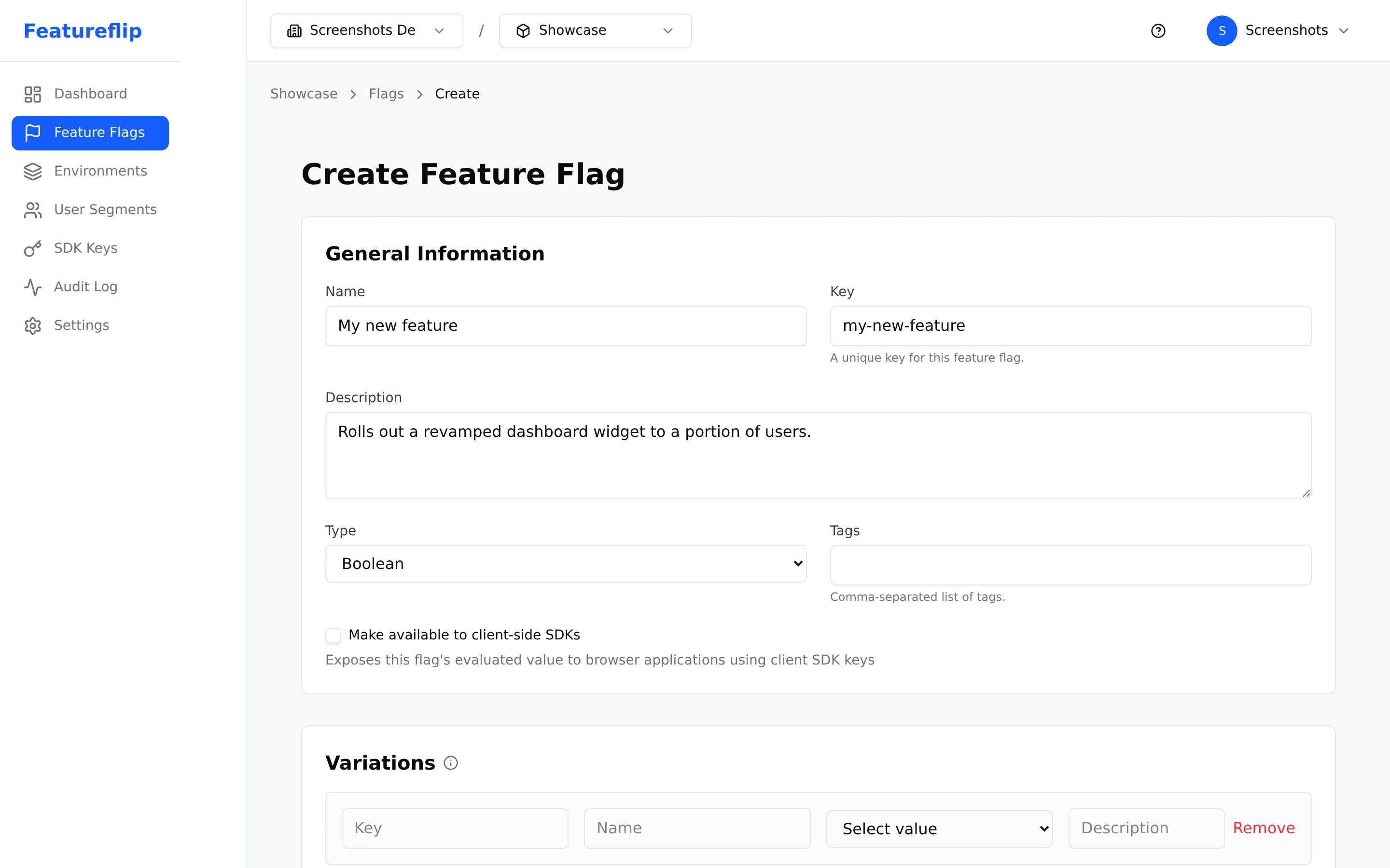 Creating a new feature flag — the Create Feature Flag page with key and description fields filled in