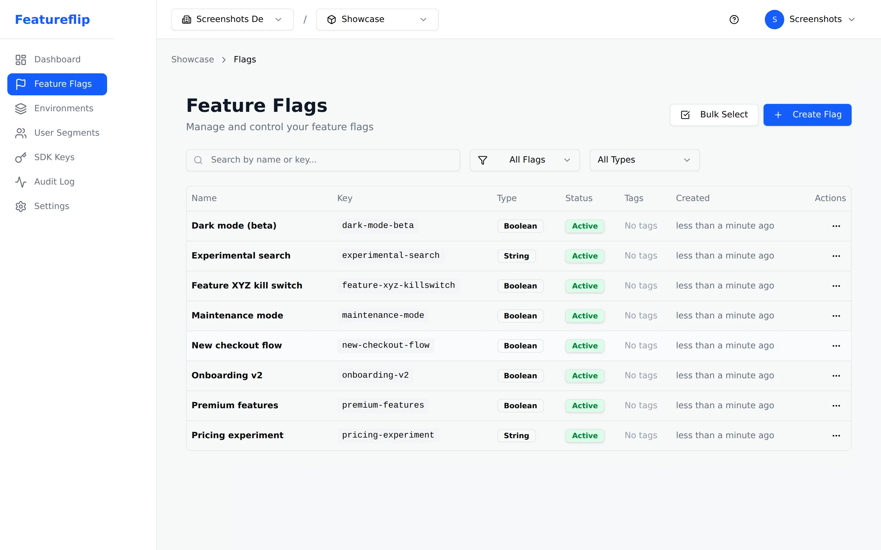 Featureflip dashboard showing eight feature flags across development and production environments, with toggle states and types