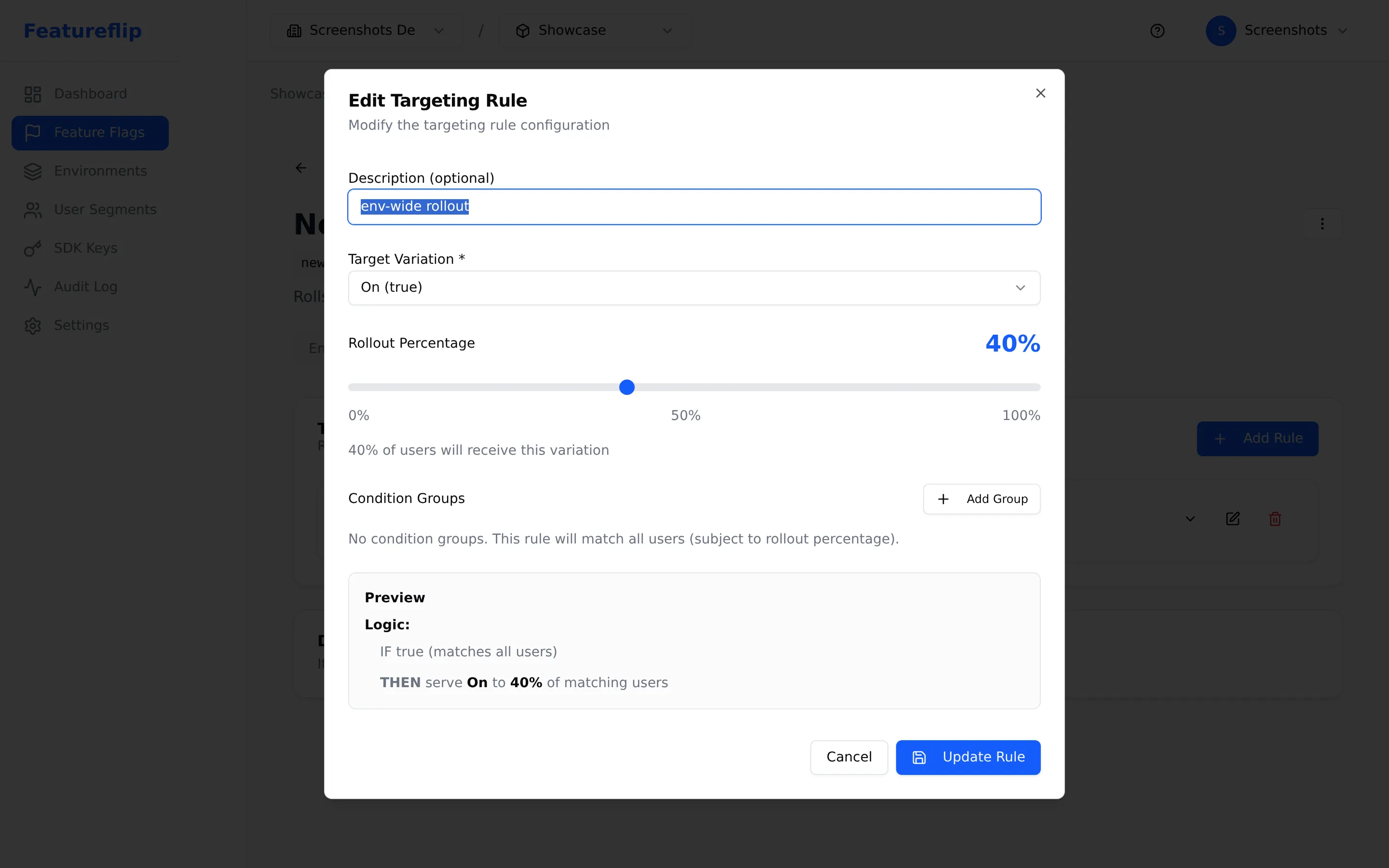 Targeting rule editor with a 40% rollout slider, showing the rule will serve On to 40% of matching users