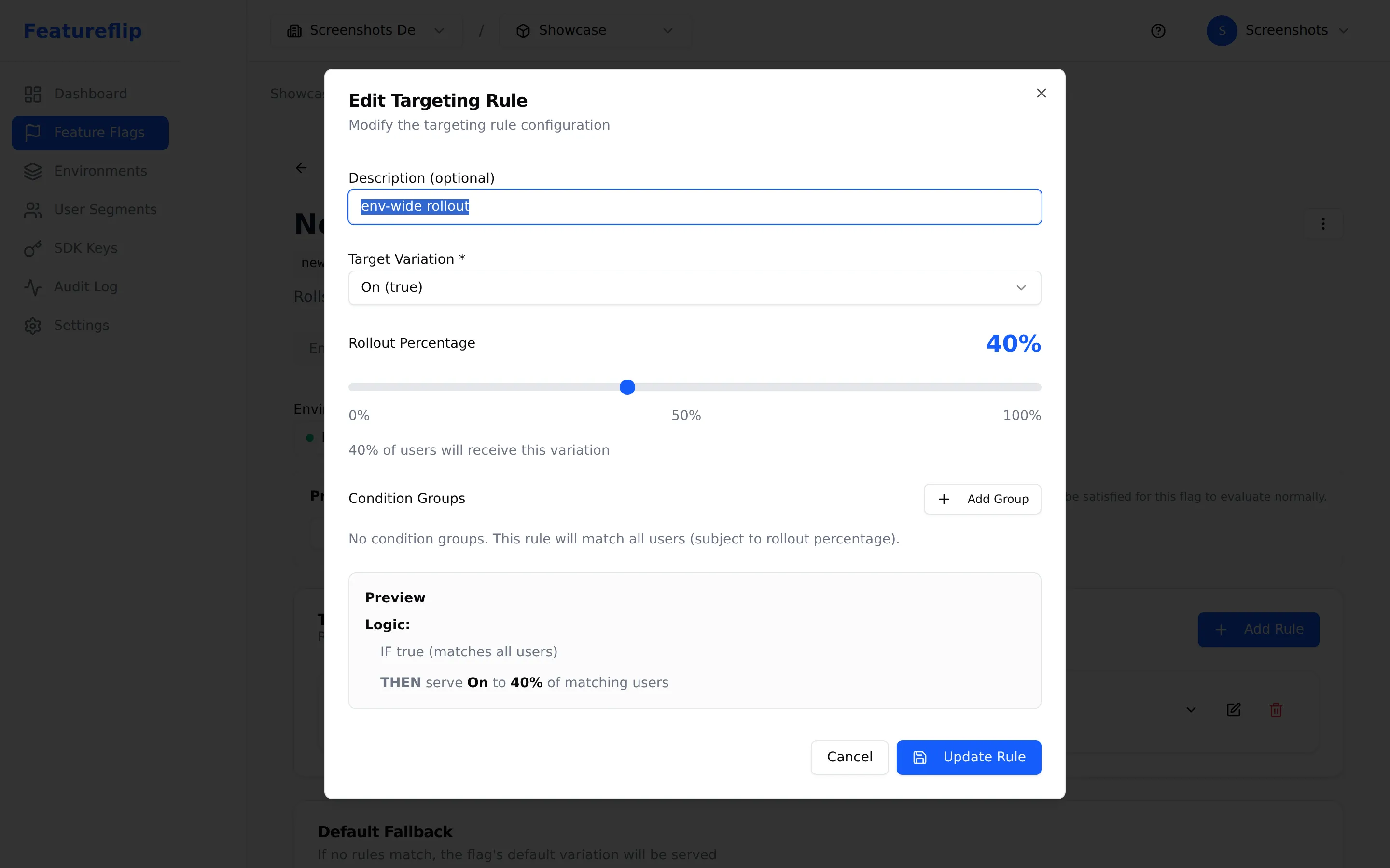 Targeting rule editor with a 40% rollout slider, showing the rule will serve On to 40% of matching users