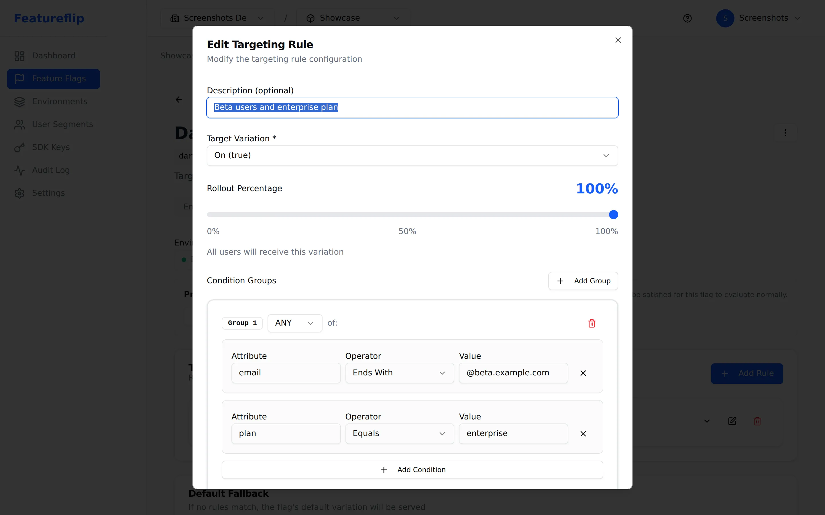 Targeting rule editor with a condition group matching users whose plan equals enterprise or whose email ends in @beta.example.com