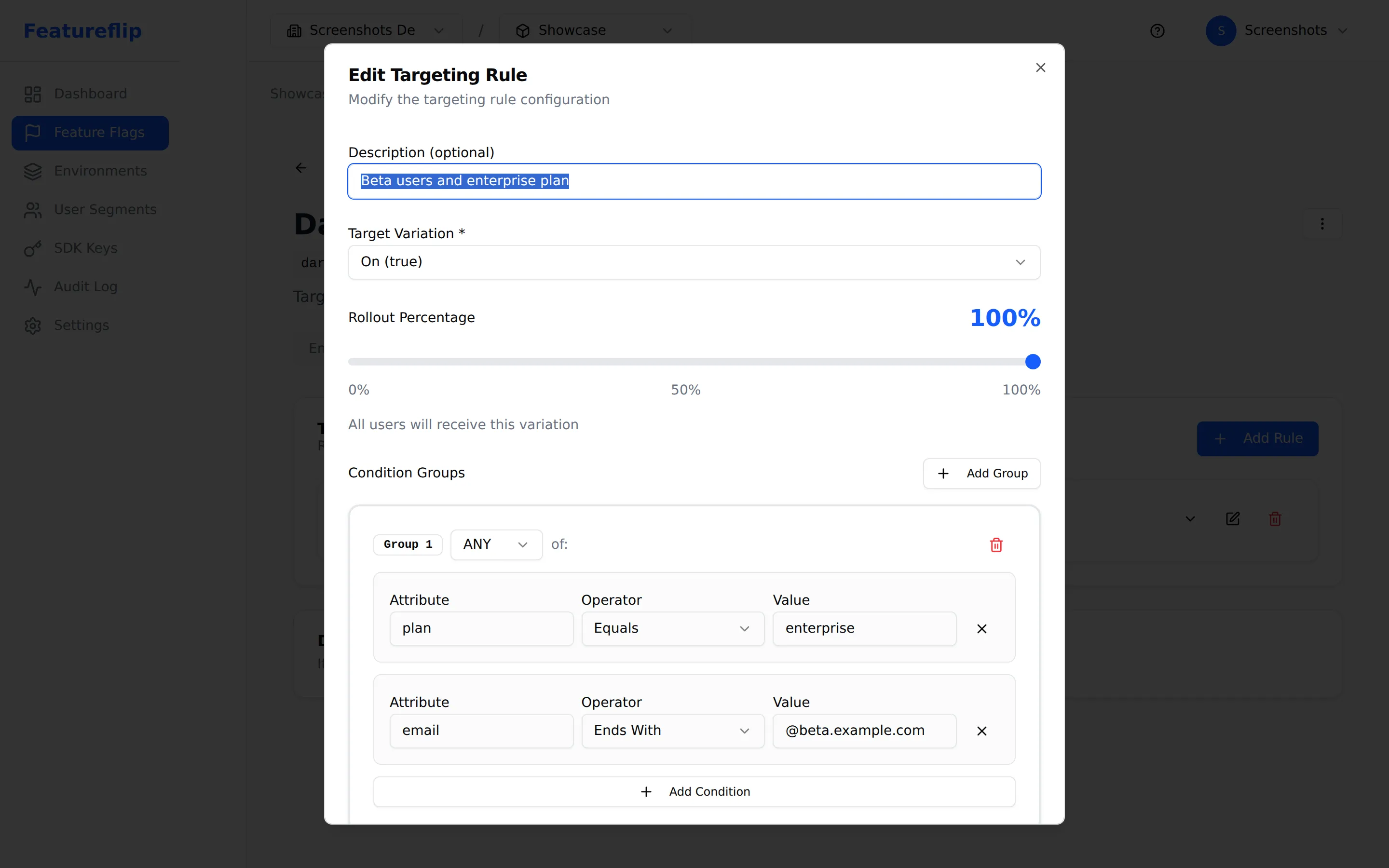 Targeting rule editor with a condition group matching users whose plan equals enterprise or whose email ends in @beta.example.com